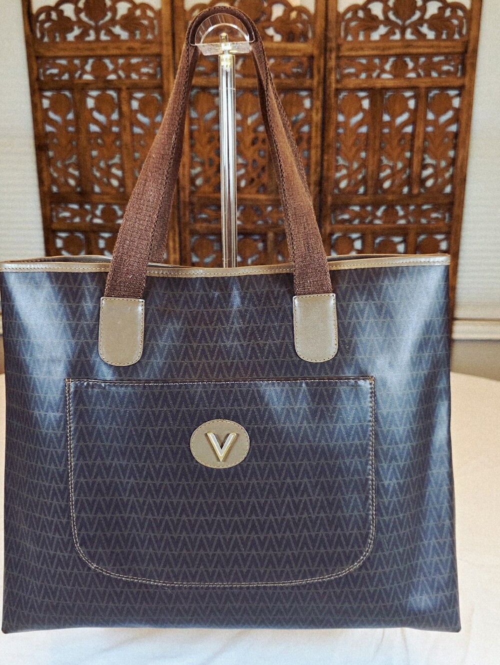 Vintage Mario Valentino Made in Italy Brown V Monogram Large Shopper Tote Bag
